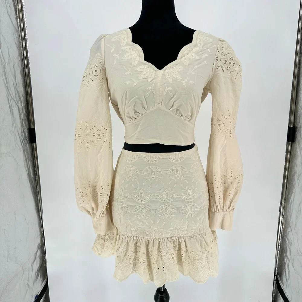 Express 2 Pc Ivory Embroidered Eyelet Ruffle Mini Skirt Cropped Scalloped Top S4